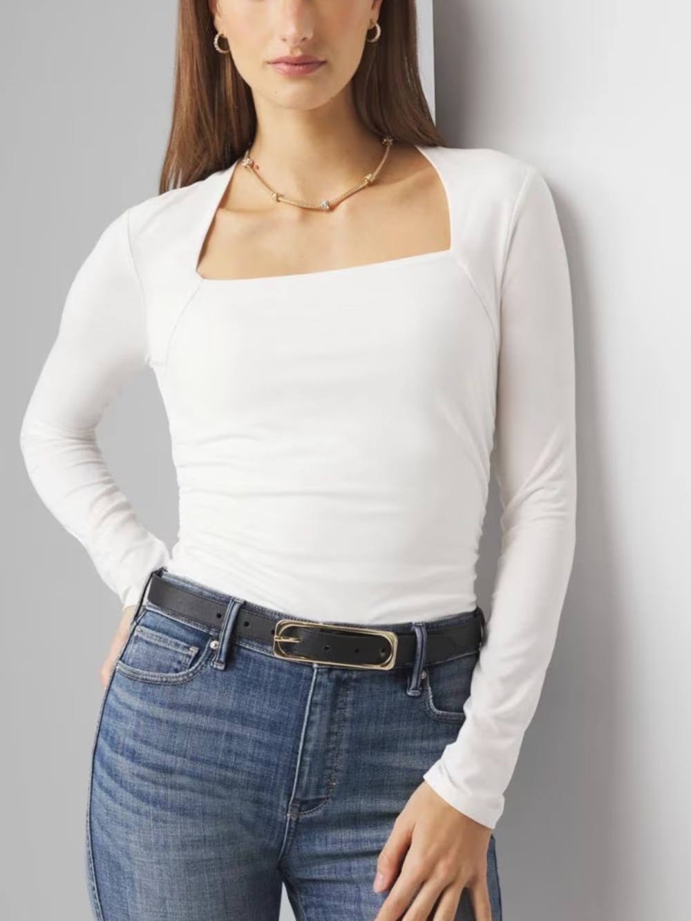 WHBM White Square-Neck Ruched Long Sleeve Top